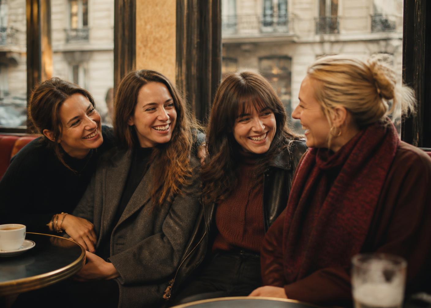 Quatre femmes qui rient ensemble dans un café parisien